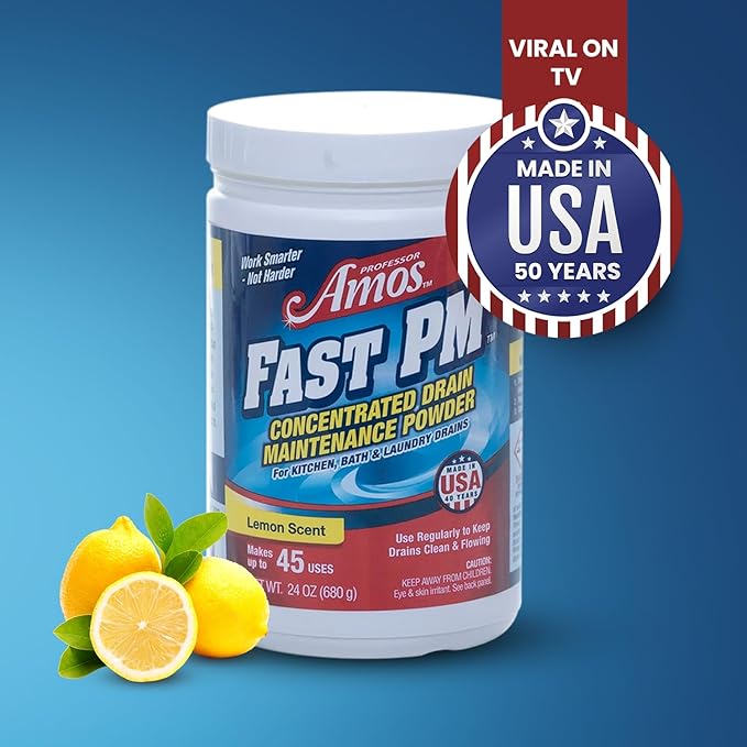 Professor Amos Fast PM Drain Maintenance Powder Concentrate Preventative Drain Cleaner Powder Garbage Disposal Washing Machine Dishwasher Sink Bathtub Shower 24 Oz