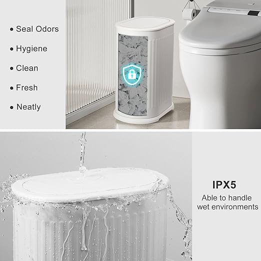 Anzoymx Bathroom Trash Cans White Stainless Steel Small Garbage Can with Pop up Lid 1.8 Gallons Dog Proof Narrow Wastebasket Slim Litter Trash Bins for Bedroom Toilet Office