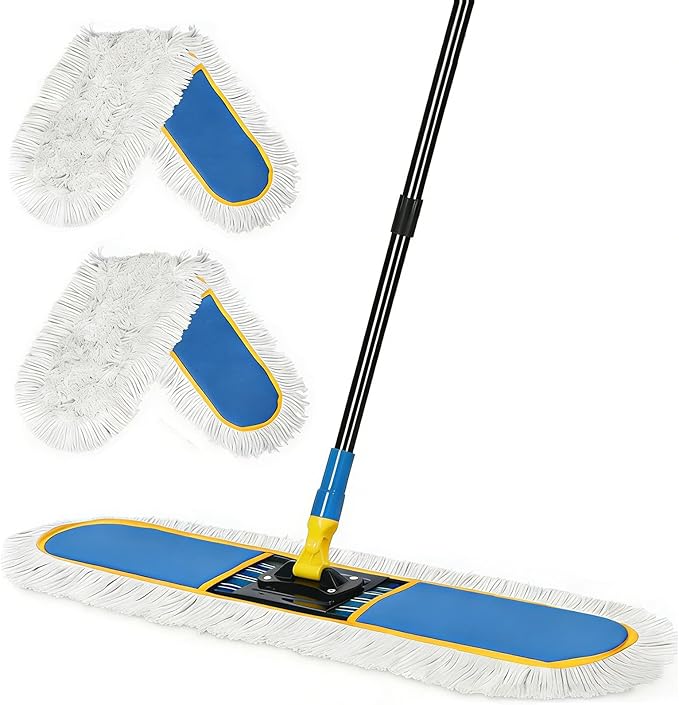 24 Commercial Dust Mop for Floor Cleaning Heavy Duty Large Industrial Floor Duster with 2 Cotton Mops Pads Wet Dry Mops for Hardwood FloorsConcreteMarbleLaminateTileGarageBlue