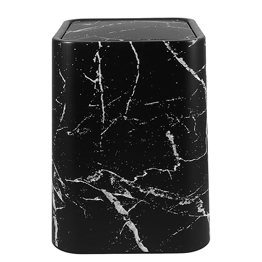 Marble Pattern Wastebasket with Lid Medium Size Square Trash Can Black Marble Texture Double Layer Garbage Bin for Home Bathroom Kitchen Office Use