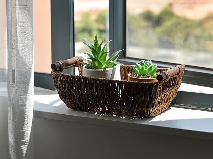 StorageWorks Handwoven Small Wicker Baskets Round Paper Rope Storage Baskets with Wooden Handles Dark Brown 2-Pack