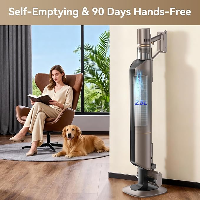 DREAME Z10-W Cordless Vacuum Cleaner with Self-Emptying Base (90 Days) Powerful Suction Tangle-Free Brush for Pet Hair 60min Runtime HEPA Filtration Cordless Stick Vacuum for Carpets &amp Hardfl