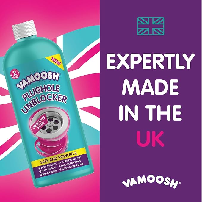 Vamoosh Drain Clog Remover | Dissolves Hair | Bleach-Free Shower &amp Sink Drain Cleaner | Septic Tank Safe | Fast-Acting | Safe &amp Powerful | 20fl oz (Pack of 1)