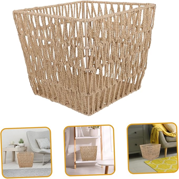OUNONA Handwoven Trash Can Openwork Design Natural Woven Wastebasket for Home Office and Bathroom Storage