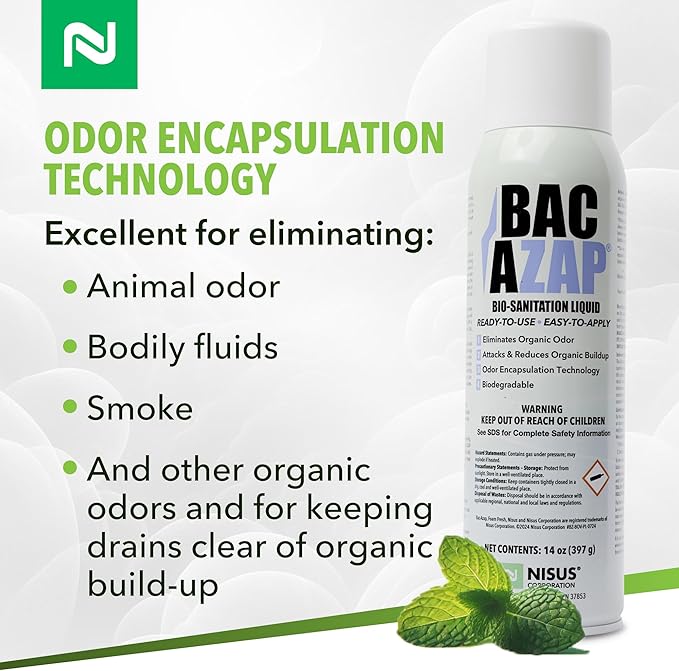 Nisus Bac-Azap Odor Eliminator Ready-to-Use Bio-Sanitization Liquid Neutralizes Organic Waste Odors Safe for Plumbing 14 Oz