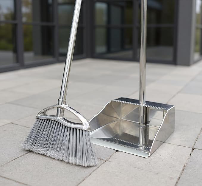 Metal Dustpan and Heavy Duty Broom Set Stand Up Dustpan with Outdoor Stiff Bristles Broom for Hardwood Patio Room Office Floor Sweeping