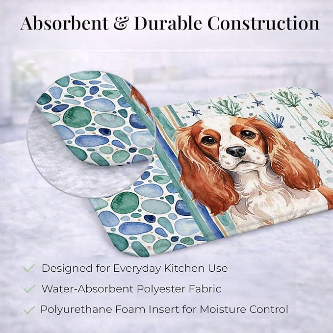 Caroline's Treasures Blenheim English Toy Spaniel Coastal Sea Glass Dish Drying Mat Absorbent Dish Drying Mat Pad for Kitchen Counter Dish Drainer Mat for Countertop 14 x 21 Multicolor