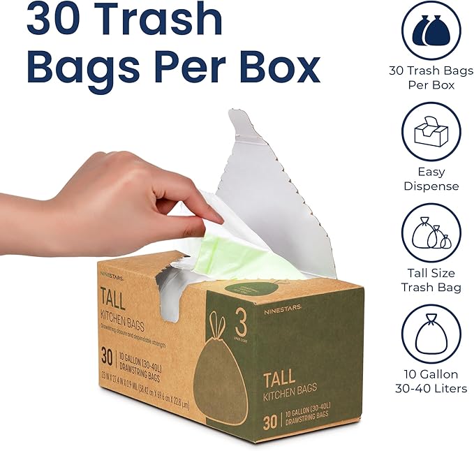 Ninestars Extra Strong Trash Bags with Drawstring Multiple Sizes 90 Count Kitchen Drawstring trash bags 90 Trash Bags (10 Gallon 90 ct White)