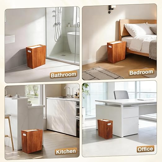 3 Gallon Wood Trash Can Solid Wooden Trash Can with Plastic Liner Handmade Slim Small Trash Can with Handle Fits Narrow Spaces Decorative Wastebasket for Bathroom Bedroom Office Kitchen