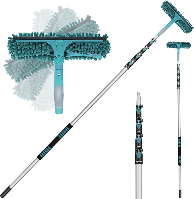 36 Feet High Reach Window Squeegee with 7-30 Ft Extension Pole Window Cleaner Tool with 5-Stage Telescoping Pole Window Cleaning Kit with Rotatable Head (2 Squeegee &amp 2 Microfibre Cloths)