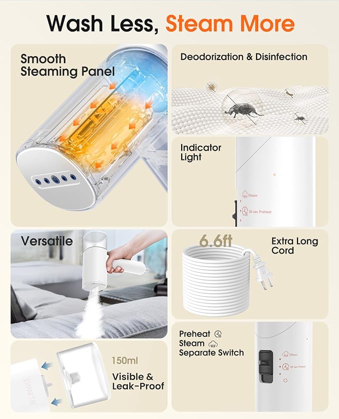 Handheld Steamer for Clothes 1200W Foldable Travel Steamer 20 Sec Preheat Garments Wrinkle Remover 120V Portable Hand Iron with 150ml Water Tank Clothes Steamer for Home Travel-White