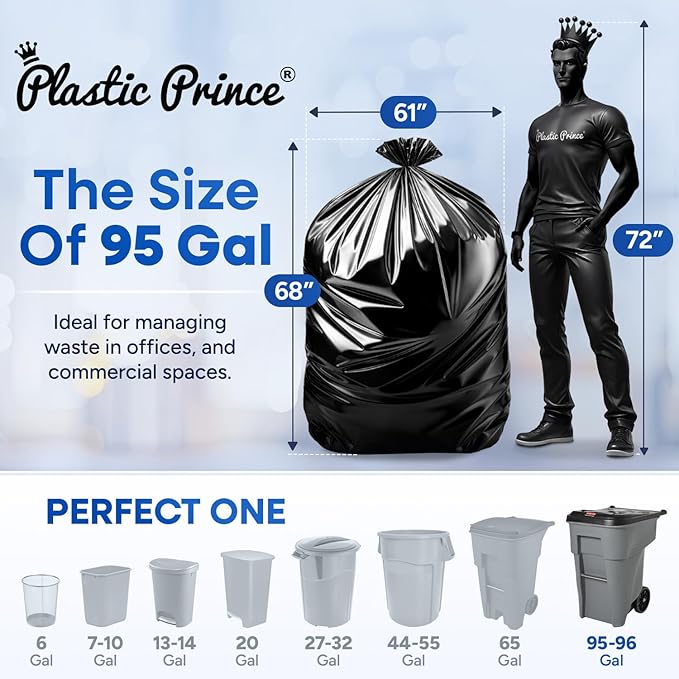 95-96 Gallon Trash Bags Heavy Duty 100 Pounds Extra Large Industrial Durable 90-100 Gal Black Garbage Can Liners Fits Rubbermaid Brute 95 gal Trash Cans - 61 x 68 2 Mil (50 Pack)