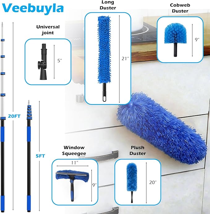 25FT Reach High Ceiling Duster Kits with 5-20FT Adjustable Pole - Includes Extra Long Duster High Ceiling Duster Rotatable Window Squeegee &amp Cobweb Duster for Ceiling Fans and Whole House Cleani