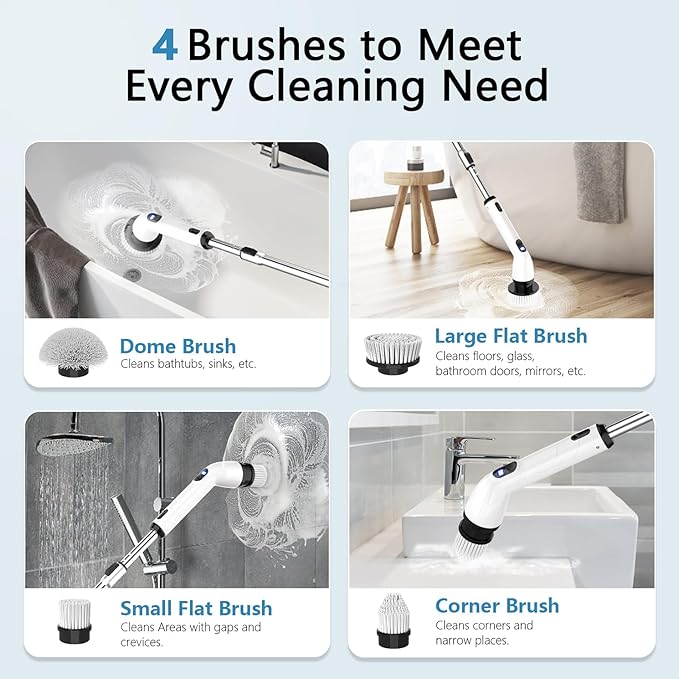 TUYU Electric Spin Scrubber Full-Body IPX7 Waterproof Bathroom Scrubber with Power LCD Display Adjustable Extension Handle Cordless Shower Cleaner Brush for Bathtub Kitchen Wall Cleaning