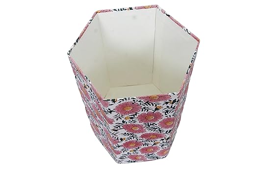 3.3 Gallon Cotton Hand Block Printed Paper Waste Basket |Small Decorative Trash Can for Housewarming Gifts in Living Room Bedroom Bathroom | Eco-Friendly Plastic-Free (1 Green Pink Sun FLOWAR)