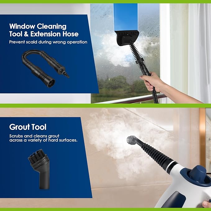 1050W Pressurized Handheld Multi-Surface Steam Cleaner Steam Cleaner for Home with Safety Lock and 9 pcs Accessories Natural Steamer for Cleaning Grout Couch Furniture Upholstery Floor and Car