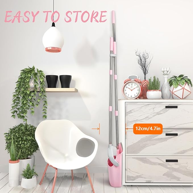 Broom and Dustpan Combo Set Long Handle and Standing Dust Pan with Comb Teeth Efficient Floor Cleaning for Kitchen Outdoor Dorm Apartment Office Lobby (Pink Gray)