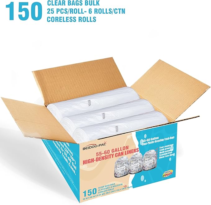 55-60 Gallon Trash Bags 150 Count Bulk Heavy Duty Clear Plastic Recycling Garbage Bags Multi-purpose Can Liners for Business Home Commercial Industrial Contractors Storage Outdoor