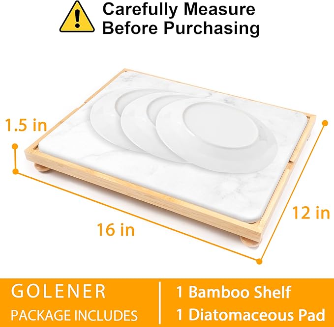 Golener Stone Drying Mat for Kitchen Counter Dish Drying Pad with Bamboo Rack Super Absorbent Diatomaceous Earth and Drying Rack Multi-purpose Quick Drying Mat Rack for Kitchen16”x12”Marble White