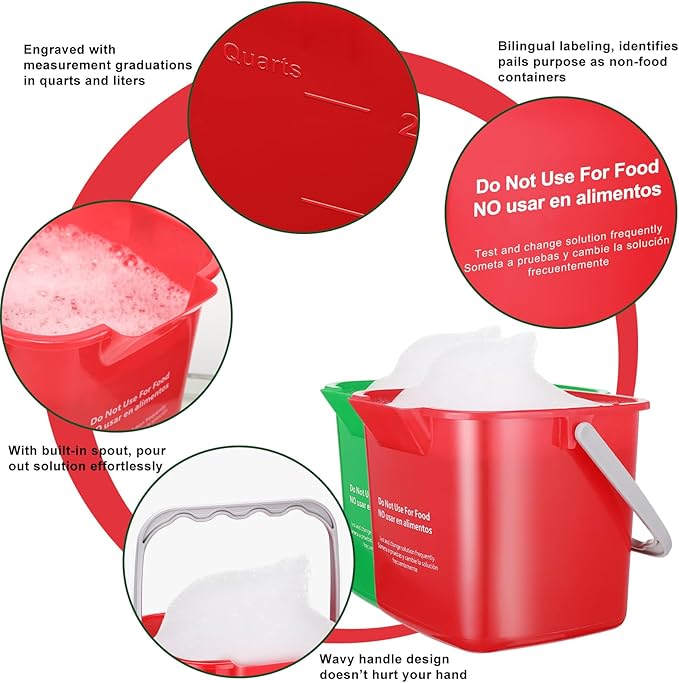 Yaomiao 4 Pcs Cleaning Bucket 3 Quart Small Sanitizing Square Bucket Detergent Pail with Measurements Spout and Handle for Home Commercial Use Restaurant Kitchen Office School (Red Green)