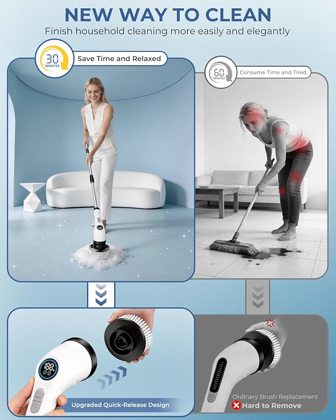 Electric Spin Scrubber Rechargeable with Upgraded Battery &amp Extended Runtime IPX7 Cleaning Brush 3000mAh Battery 7 Brush Heads 2-Speed Adjustable Long Handle for Bathroom &amp Tile Floor Clean