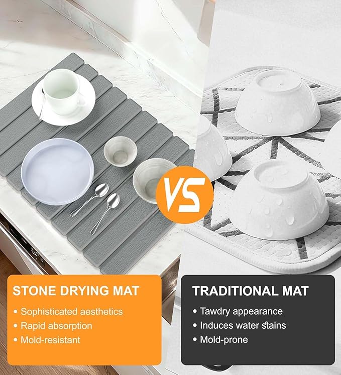 Stone Dish Drying Mat for Kitchen Counter 24(L)×16(W) Collapsible Fast Drying Diatomaceous Earth Mats with Towel Sanding ToolVersatile Stone Drying Mats for Cups Dishes Bottles Bathroom -Gray