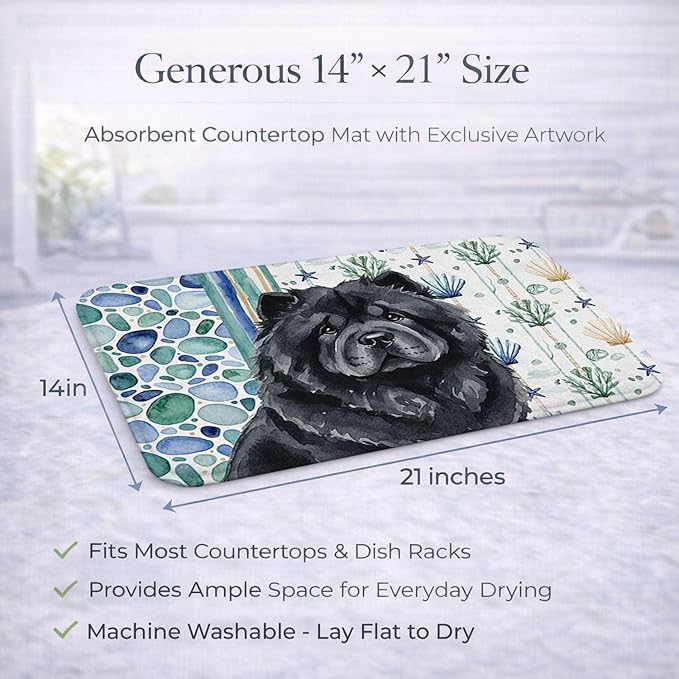 Caroline's Treasures Black Chow Chow Coastal Sea Glass Dish Drying Mat Absorbent Dish Drying Mat Pad for Kitchen Counter Dish Drainer Mat for Countertop 14 x 21 Multicolor