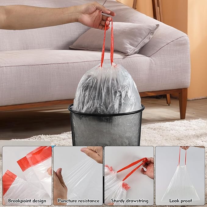 Yuright 5 Gallon Drawstring Garbage Bags Small Clear Trash Bags with Handle 4 Rolls/220 Counts F