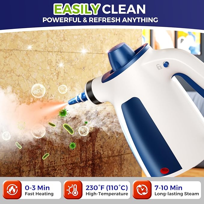 Steam Cleaner Pressurized Handheld Multi-Surface Natural Steam Cleaner with 12 PCS Accessories &amp Safety Lock 350ML Large Capacity Steamer for Car Home Upholstery Kitchen Window Grime Grea