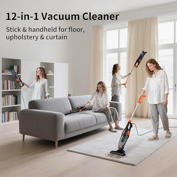 Corded Vacuum Cleaner 12 in 1 Ultra-Lightweight Vacuum Cleaners for Home 15KPa Powerful Suction Stick Vacuum with Washable HEPA Filter for Home Car Pet Hair Carpet Hard Floor