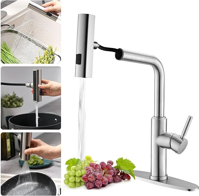 WEWE Waterfall Kitchen Faucet with Pull Down Sprayer 3 Modes(Sweep/Stream/Waterfall) Rotary Switch Mode Stainless Steel Kitchen Sink Faucet Single Lever Handle Brushed Nickel Sink Fuacet