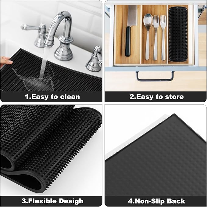 Large Rubber Bar Mat 24x12 1cm Thick Durable Non-Slip Bar Mats for Bartending Spill Mats for Counter TopKitchen Coffee Bar Restaurant Dish Drying Mat Glass Drying Mat 2 Packs Black