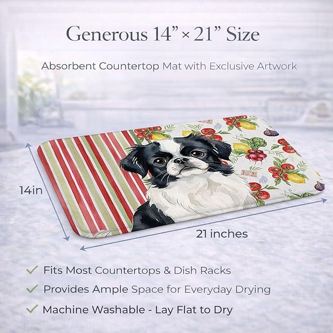 Caroline's Treasures Black and White Japanese Chin Vegetables Dish Drying Mat Absorbent Dish Drying Mat Pad for Kitchen Counter Dish Drainer Mat for Countertop 14 x 21 Multicolor