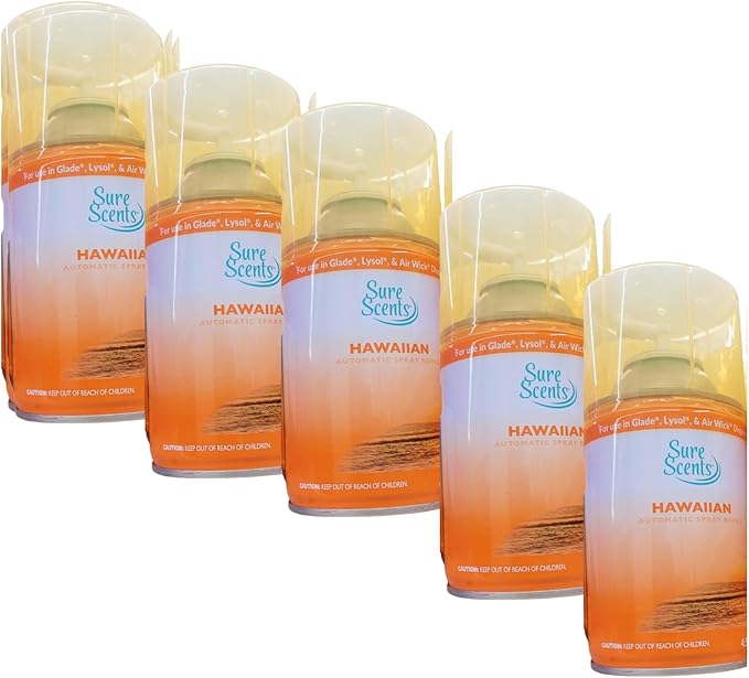 1 - (5 Pack) Hawaiian Mist Automatic Air Freshener Refills – 4.5 oz Each – Compatible with Automatic Spray Dispensers – Tropical Scent Room Freshener for Home Bathroom Office Dorm