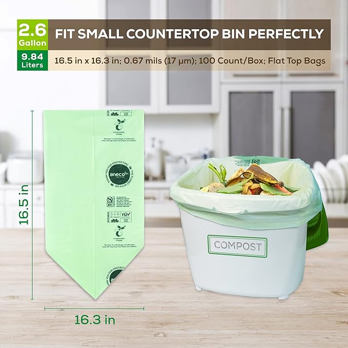 2.6 Gal (100 count) &amp 13 Gal (35 count) ANECO 100% Compostable Trash Bags Extra Thick Kitchen Compost Bags