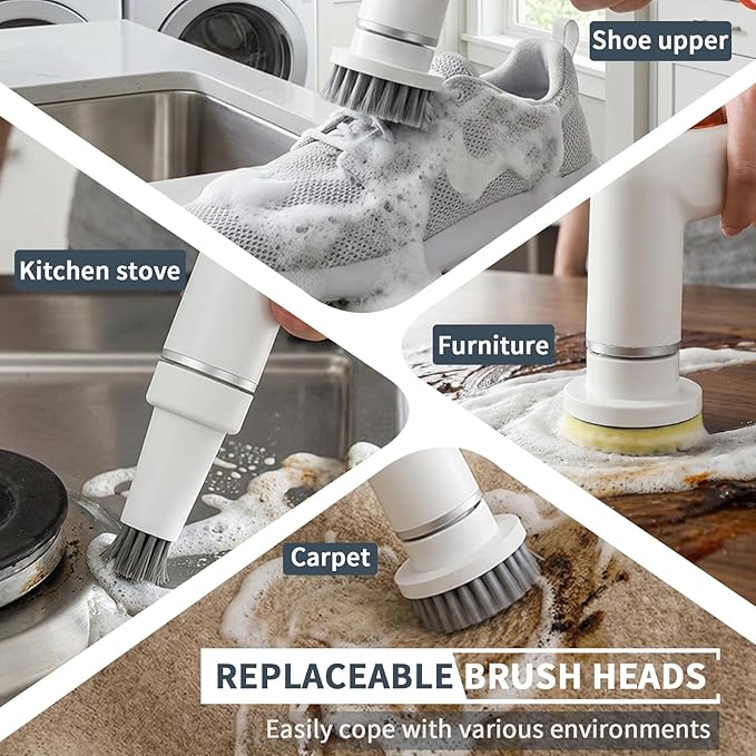 6-in-1 Electric Spin Scrubber with 5 Brush Heads – Cordless Rechargeable Dual-Speed &amp Waterproof Electric Scrubber for Cleaning Bathroom Tile Floor Window Kitchen Sink