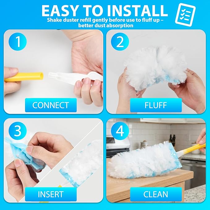 60 Count Larger Size Duster Refills for Swiffer Dusters with 1 Handle - Multi-Surface Feather and Microfiber Duster Disposable Alternative Heavy Duty Cleaning Kit for Home Furniture Blinds and Vent