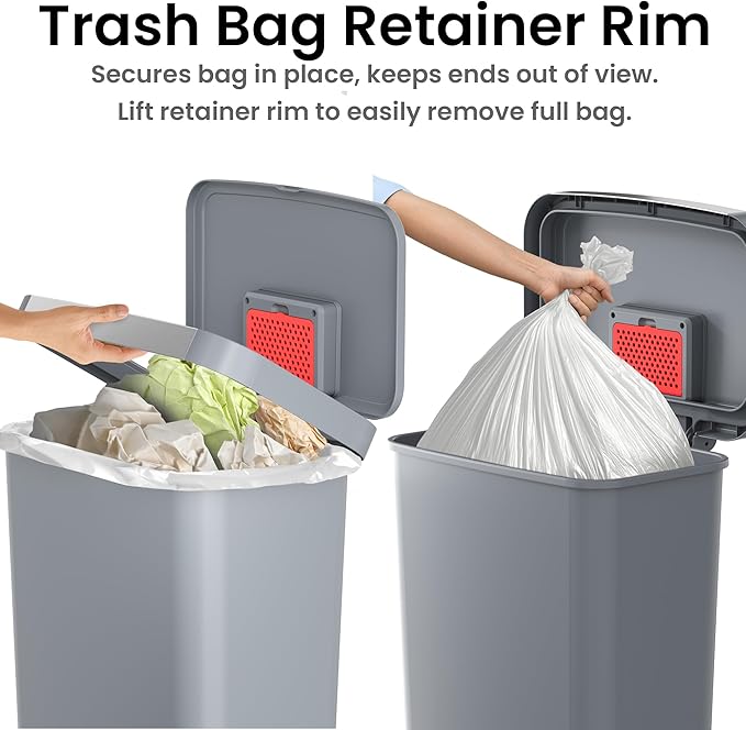 iTouchless SoftStep 13.2 Gal / 50L Step Pedal Kitchen Trash Can with Odor Filter Durable Dent-Proof Construction and Stainless Steel Trim Garbage Bin with Lid for Home Office Bedroom Gray Plastic