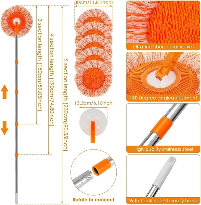 Mops with 230cm Extension Pole Dust Mop AdjustableCompatible for Wall Ceiling Window