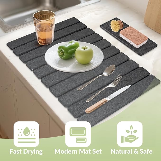 Large Stone Dish Drying Mat for Kitchen Counter 24x16&amp8x4 Foldable Fast-Drying Diatomaceous Earth Dish Mat 2PCS Eco-Friendly Water Absorbent Pads Set for Kitchen Bathroom Gray