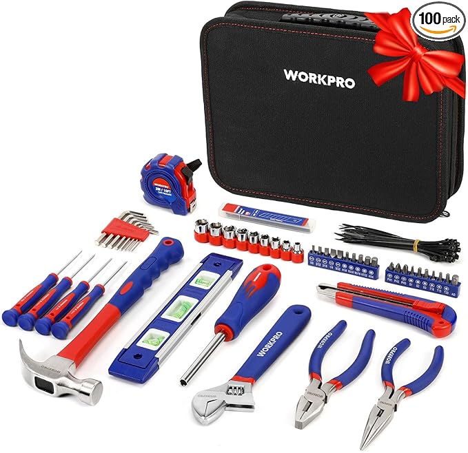WORKPRO Home Tool Kit 100 Piece Kitchen Drawer Household Hand Tool Set with Easy Carrying Pouch