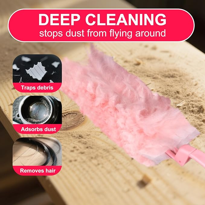 ITTAR 30 Count Duster Refill kit Dust Cleaning Supplies with Extension Pole Fan Feather Dusters with 2 Types Handle for Cleaning Home Celling Fan Blinds Furniture Vent &amp Shelves-Pink