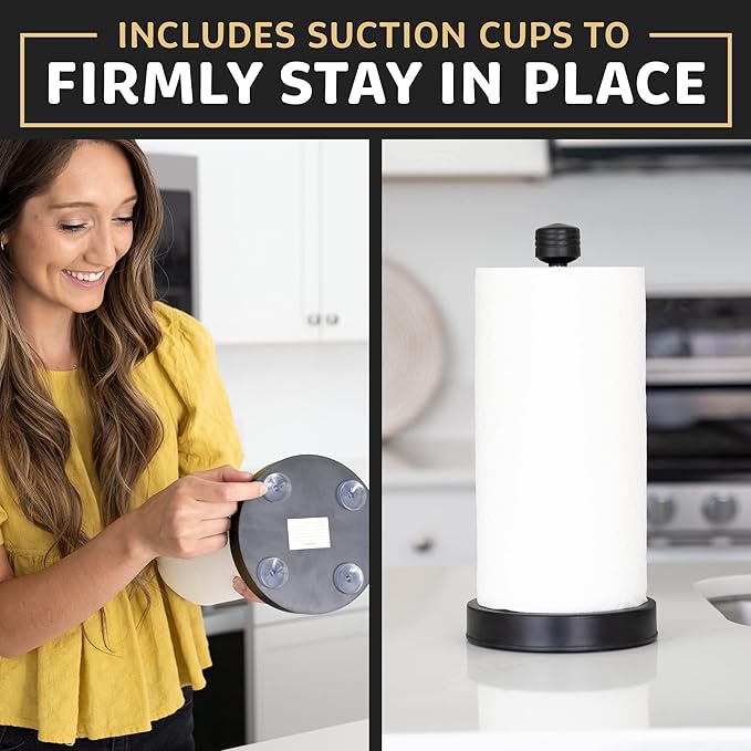 Heavy-Duty Stainless Steel Paper Towel Holder - Easy One-Handed Tear with Suction Cups - Modern Weighted Standing Countertop Dispenser for Kitchen - Holds All Paper Towel Rolls Black