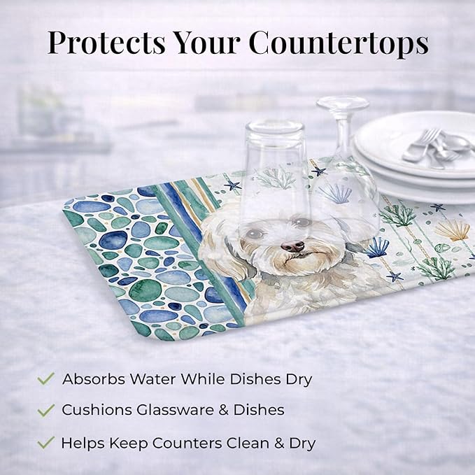 Caroline's Treasures White Havanese Coastal Sea Glass Dish Drying Mat Absorbent Dish Drying Mat Pad for Kitchen Counter Dish Drainer Mat for Countertop 14 x 21 Multicolor