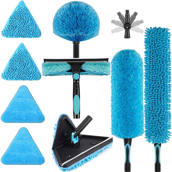 90° Foldable Baseboard Wall Cleaner Mop Cobweb Duster Window Cleaning Squeegee Dusting Kit for Extension Pole(Pole Not Included) (1)