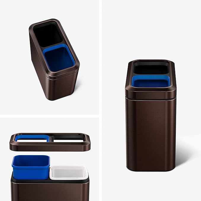 simplehuman 20 Liter / 5.3 Gallon Dual Compartment Recycling Can Slim Open Top Office Trash Can Commercial Grade Heavy Gauge Small Trash Can Dark Bronze Stainless Steel