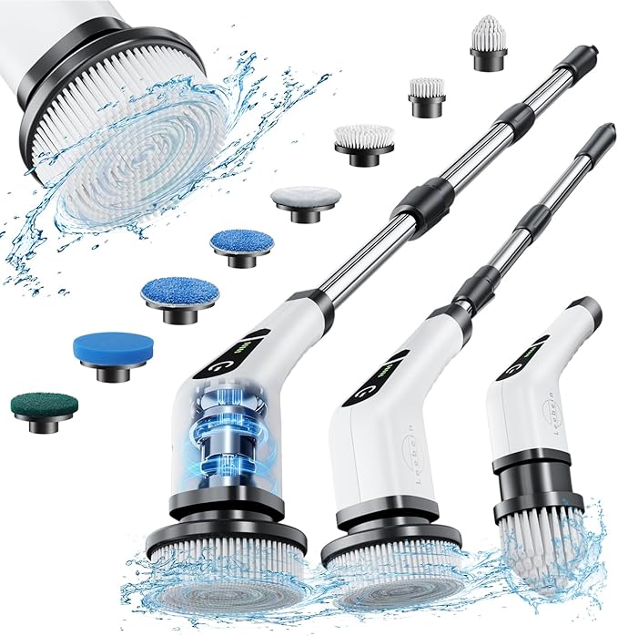 Leebein Electric Spin Scrubber Cordless Cleaning Brush with 8 Replaceable Brush Heads Tub and Floor Tile 360 Power Scrubber Dual Speed with Adjustable &amp Detachable Handle for Bathroom Kitchen Ca