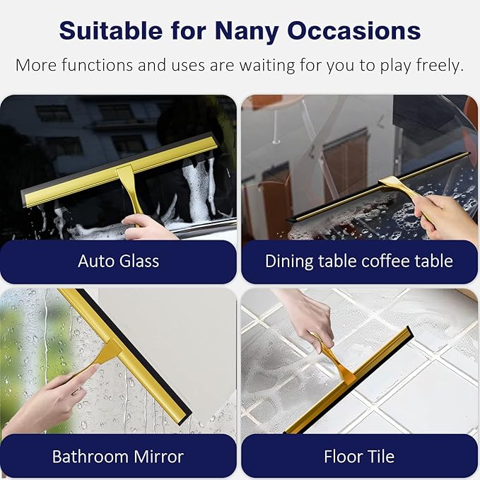 TOOVEM 12 Inch Shower Squeegee for Glass Doors Window Bathroom Car Windshield Shower Cleaning Tools with S Hook Square Sticky Hook（Gold）