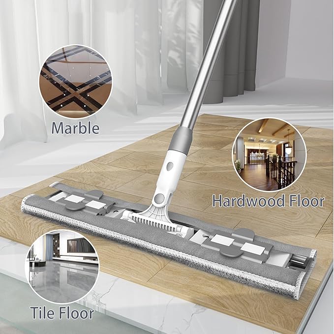 Flat Microfiber Mop for Floor Cleaning 15.7 in (40 cm) Aluminum Base 4-Section Aluminum Handle 52 in Dry &amp Wet Use 4 Washable Pads Debris Scraper – LJGG (Gray/White)