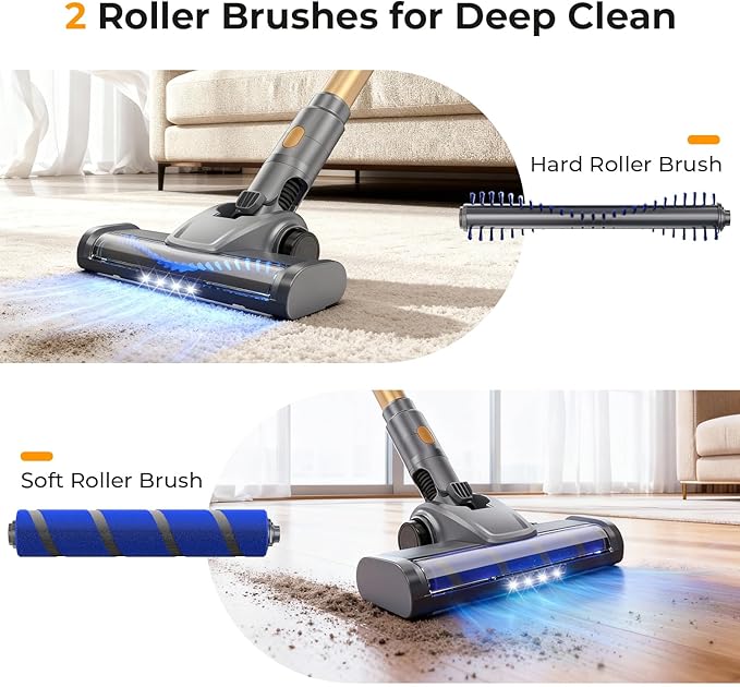 Cordless Vacuum Cleaner 30Kpa Vacuum Cleaners for Home Stick Vacuum with LED Display 2 Roller Brushes for Anti-Tangle &amp Hard Floor 6 in 1 Lightweight Vacuum for Hard Floors Carpet Pet Hair